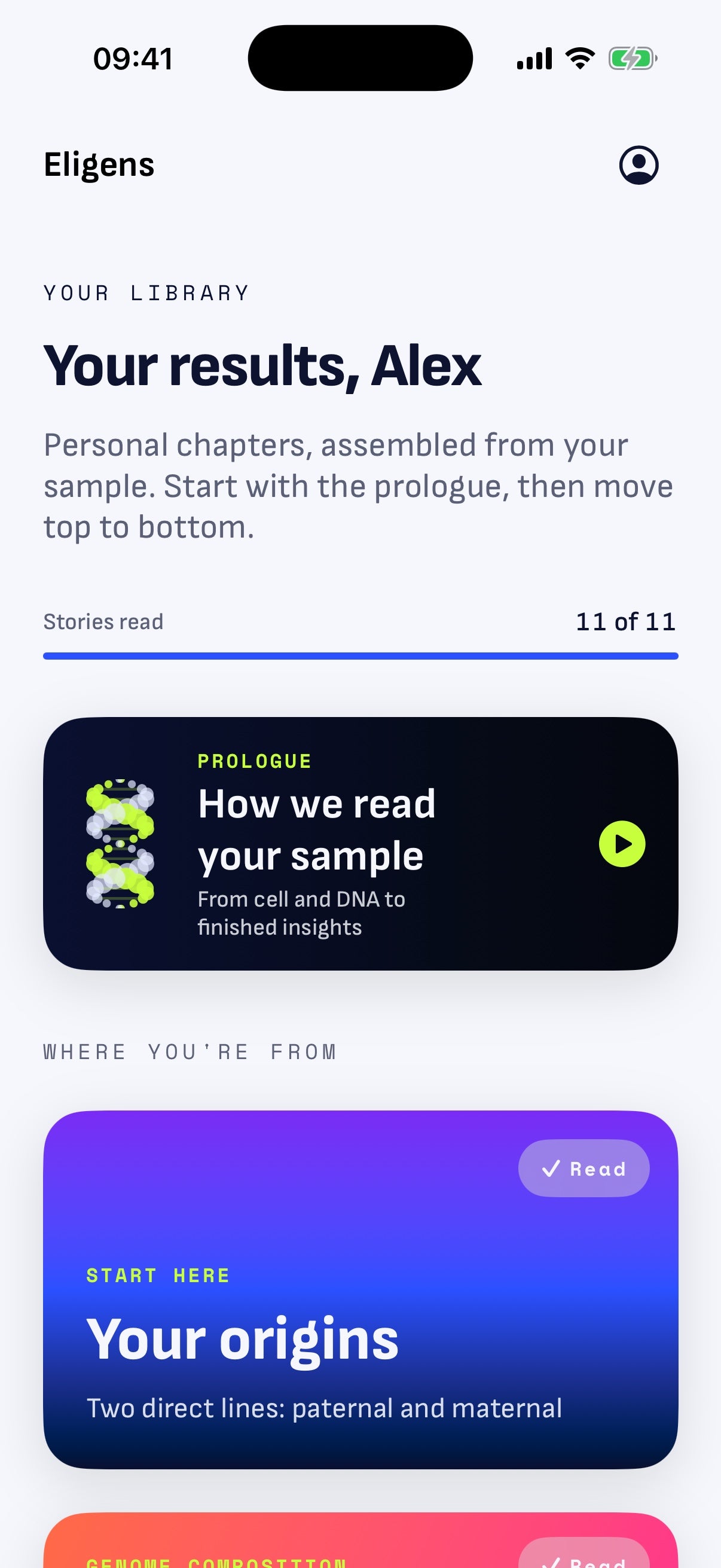 Eligens app DNA story library