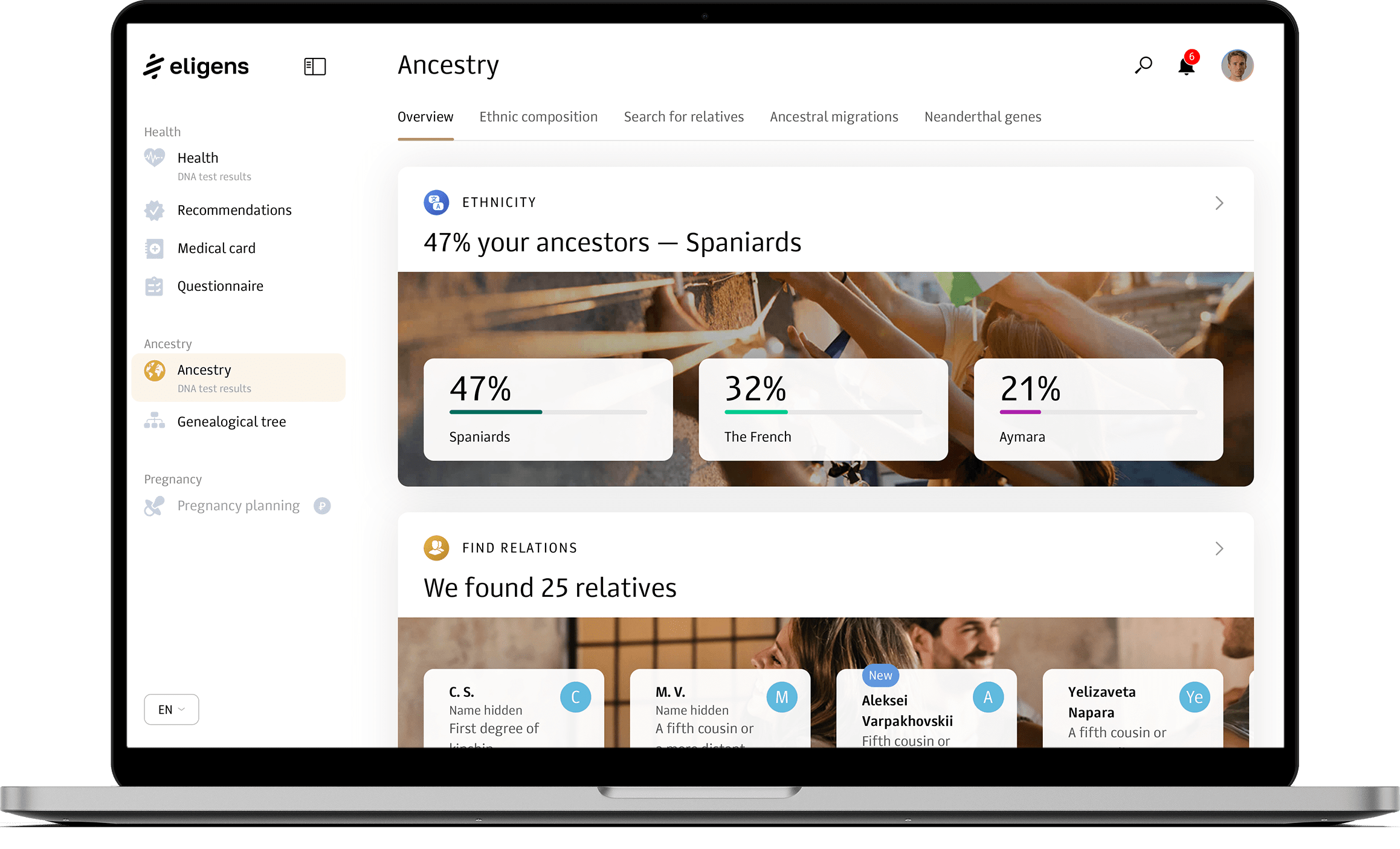 DNA test results dashboard displaying detailed ethnicity breakdown