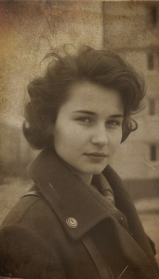 Old photo of a young woman in an urban setting, reflecting ancestral traits