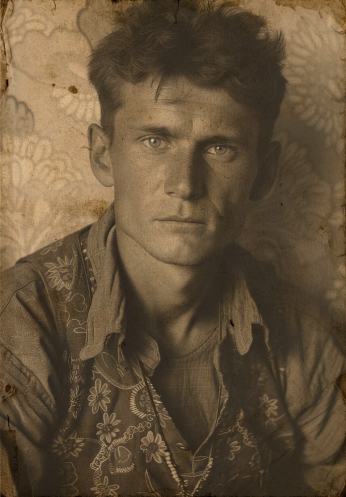 Serious young man in a patterned shirt, evoking ancestral heritage