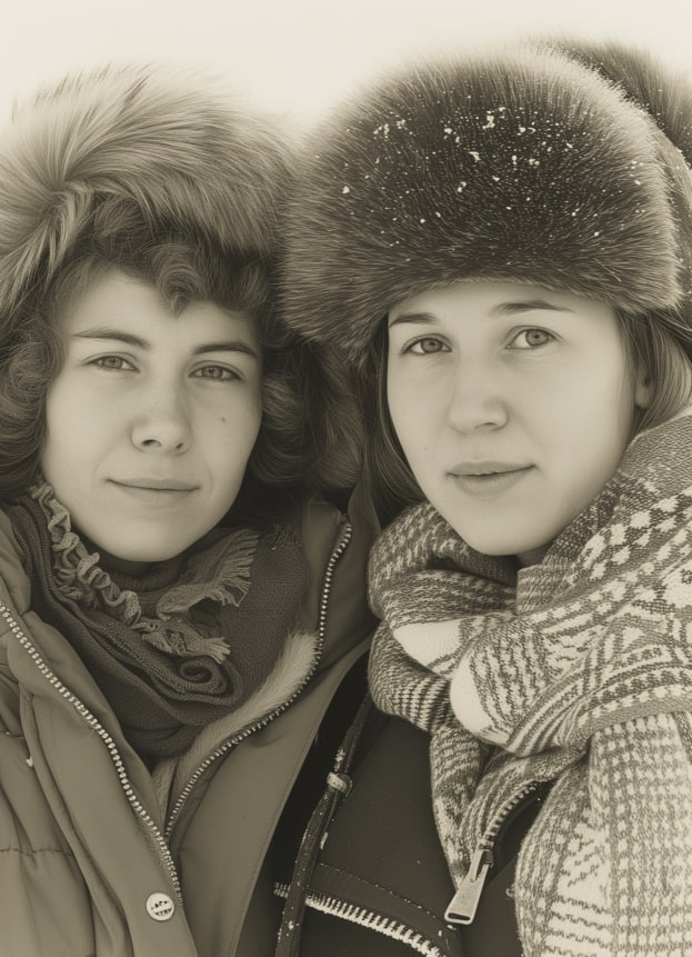 Two women in winter clothing, representing ancestral roots