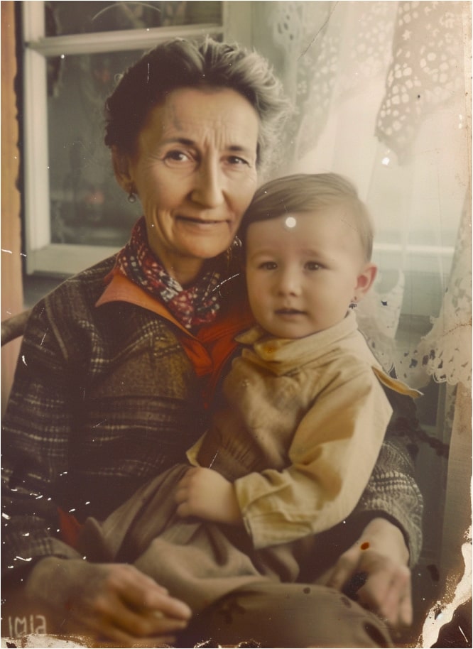 A photo of a grandmother with a young child, capturing family warmth and ancient roots