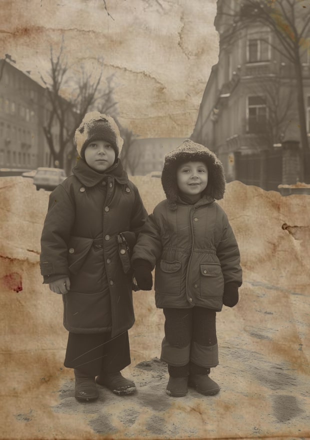 Two children in winter clothing, symbolizing ancestory heritage