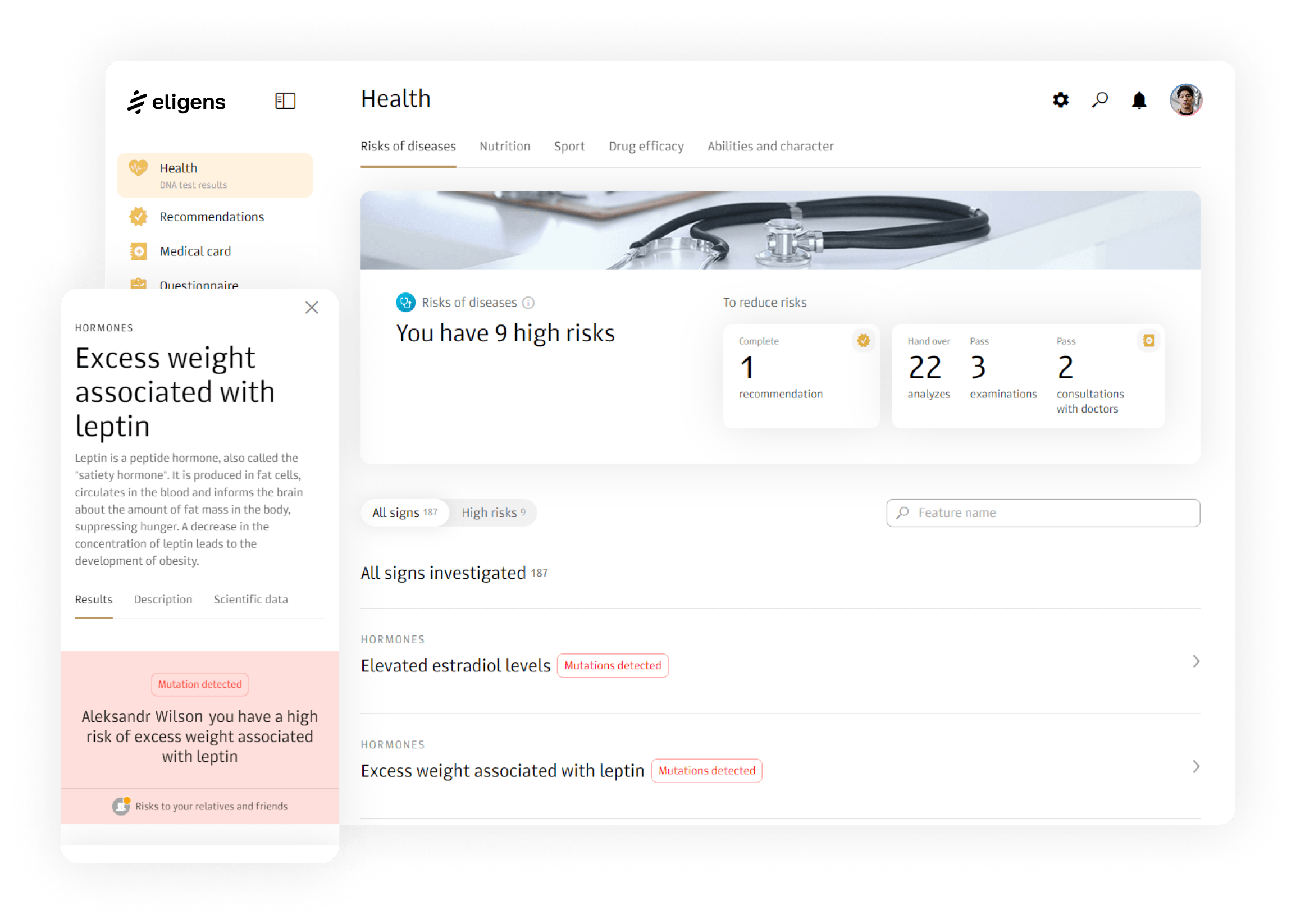 Dashboard displaying genetic risk factors for diseases based on DNA test results