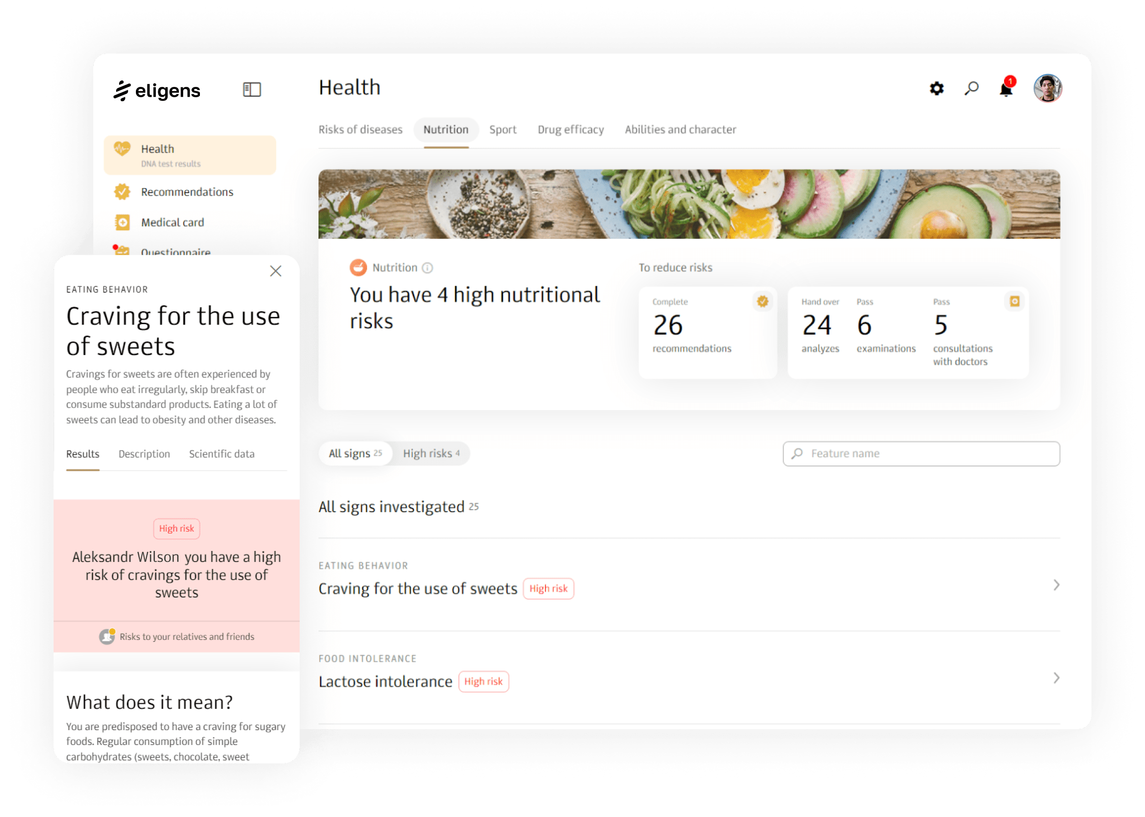 Dashboard with nutrition information based on DNA test results, showing dietary recommendations